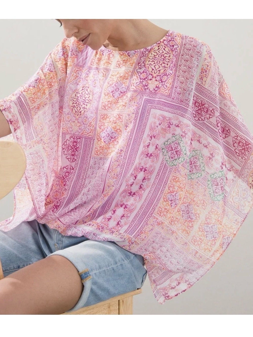 Chico’s Patchwork-Print Poncho Kimono Layered Flowy Boatneck Boho Blouse Top